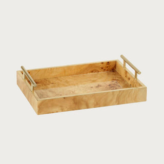 13-inch Leiden burl wood tray with gold metal handles, full studio product shot showing burl wood grain