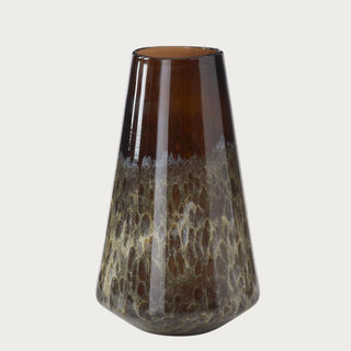 Large 14-inch handcrafted blown glass vase with a tapered silhouette, glossy translucent brown upper section, and mottled cream, amber, and smoky brown detailing near the rounded base.