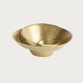 14.25-inch Piper decorative aluminum bowl in a soft gold finish with a wide sculptural form, organic rim, and raised base.