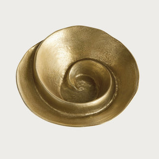 Top-down view of the 14.25-inch Piper decorative aluminum bowl showing its soft gold finish, wide organic rim, and sculpted spiral center.
