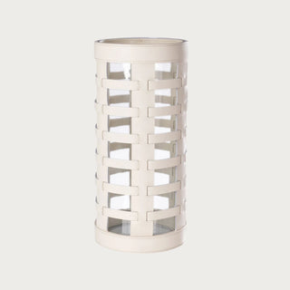 14" Cream Nappa Leather Woven Hurricane/Vase with glass insert