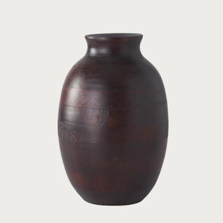 Large 14-inch dark brown mango wood vase with a rounded body, narrow neck, and subtle natural wood grain and tonal variation.