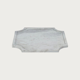 Large 14-inch Volakas marble decorative tray with creamy white natural stone, soft gray veining, satin finish, and sculpted square edges.