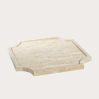 14 Inch natural white travertine stone decorative tray with sculpted corners, recessed surface and cream beige mineral variation.