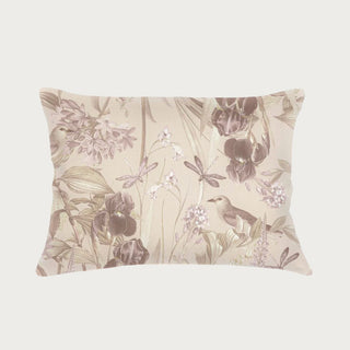 14x20 linen lumbar pillow featuring vintage-inspired botanical print with mauve florals, dragonflies, and bird motif on a warm neutral background, designed for modern and transitional interiors.