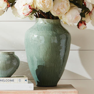 This is a 15.25" High Large Set Glass Green, Striated Handcrafted ceramic vase. Third & Main, Home Decor, Vase, Contemporary Vase, Modern Traditional Vase, Modern Farmhouse Decor, Spring Decor, Curated Box, Decor Box,