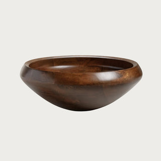 15.5-inch hand-carved mango wood decorative bowl with a rounded shape, warm brown finish, and visible natural wood grain.