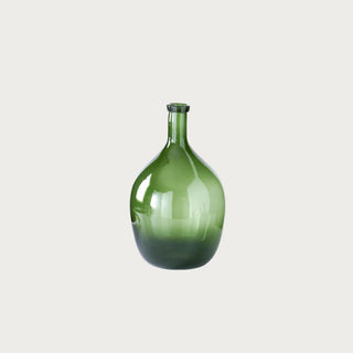 Medium 15.5-inch green glass bottle vase with a translucent rounded body, slender neck, glossy finish, and deeper green tone concentrated toward the base.