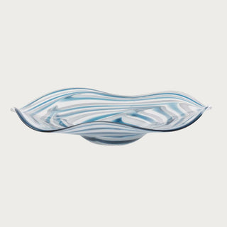 15.75 inch Blue Ocean Swirl Glass Bowl with blue and white glass stripes, waved rim, and low decorative shape for spring, summer, and winter styling.