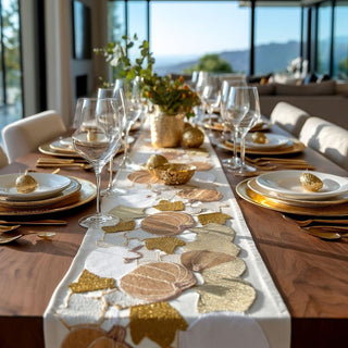 70" Cream Embroidered Pumpkin & Fall Leaves Table Runner