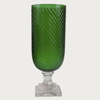 15-inch emerald green glass hobnail vase with clear pedestal base, featuring rich emerald glass texture and polished detailing, photographed against a neutral background for elegant home décor inspiration.
