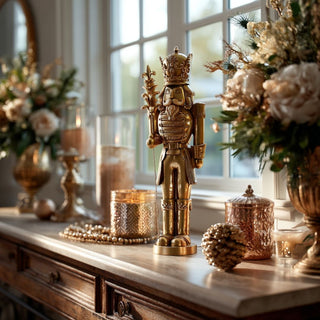 15.5-inch gold resin nutcracker with pinecone staff — elegant holiday décor statue for entryway or mantel by Third & Main.
