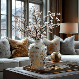 Gold and white ceramic chinoiserie vase with intricate floral detailing displayed on coffee table with gold accents and cherry blossom stems – elegant 15-inch decorative vase for modern living room styling.