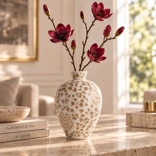 15-inch Province Bottle Vase with an ivory and warm taupe botanical porcelain pattern, styled with tall burgundy magnolia branches on a stone console table in a warm neutral living room.