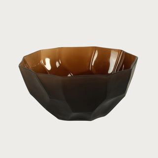 15-inch Sicilia glass decorative bowl with a smoky brown faceted exterior, warm amber interior, and glossy finish.