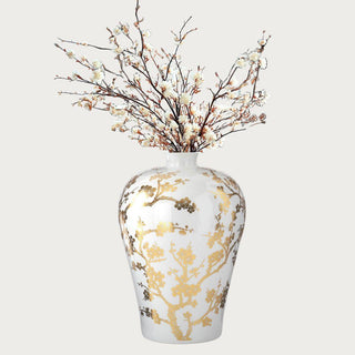 15-inch white ceramic chinoiserie vase with gold floral design – timeless handcrafted statement piece for console, entryway, or tabletop décor.