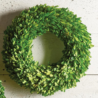 16 inch Preserved Boxwood Wreath styled on a door, handcrafted leaf by leaf, Third & Main