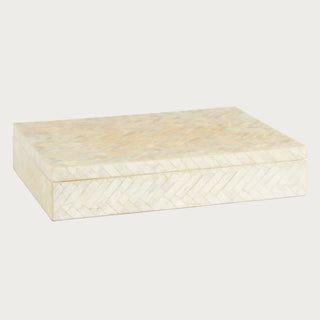 16.25-inch rectangular decorative box made from wood and pearl Capiz shell with a subtle herringbone inlay pattern and natural iridescent finish.
