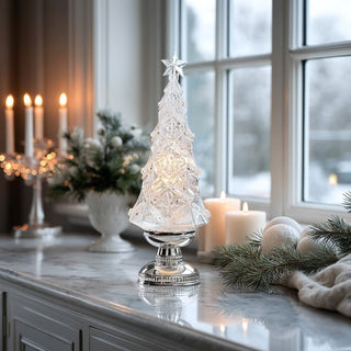 16-inch clear acrylic and silver LED Christmas tree with swirling water and glitter — elegant holiday décor centerpiece by Third & Main.