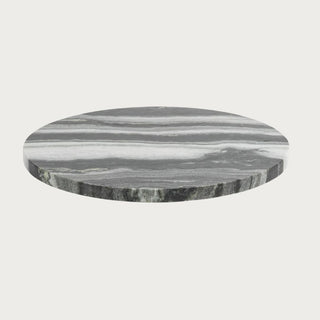 16-inch round black and white natural marble Lazy Susan with layered gray, charcoal and white swirled veining.
