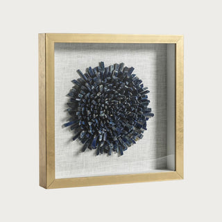 16 inch Gold Framed Blue Lapis Flower Wall Decor with dimensional blue crystal flower, linen mat, glass front, and gold frame for bathroom or wall styling.