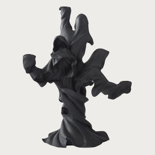 Back view of 17.5-inch black draped ghost three-taper candle holder showing sculpted resin draping