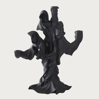 17.5-inch black draped ghost three-taper candle holder in matte black resin