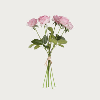 Pink True Bloom real touch rose bundle with six lifelike full bloom stems, featuring soft layered petals and natural green foliage on a clean neutral background.