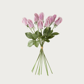 Light purple True Bloom floral real touch rose bud bundle with nine faux rose stems, realistic green foliage, and softly closed buds photographed on a neutral background for product detail
