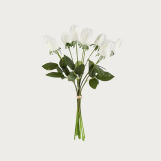 True Bloom white real touch  rose bud bundle with 9 real touch stems and green leaves, 17 inches tall, Third & Main, Faux florals 