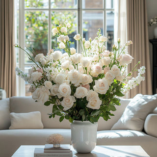 17" True Bloom white real touch  rose bud bundle with 9 real touch stems and green leaves style din a white ceramic vase with other florals, 17 inches tall, Third & Main, Faux florals 