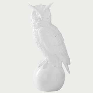 18.25 inch glossy white resin owl sculpture perched on a rounded base with detailed feather texture for Halloween and seasonal home decor.