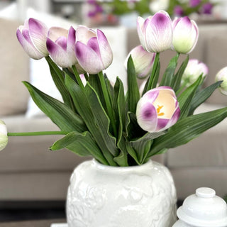 Close up of 18.5 inch Real Touch White and Purple Tulip Stem showing two-tone petal color, Third & Main