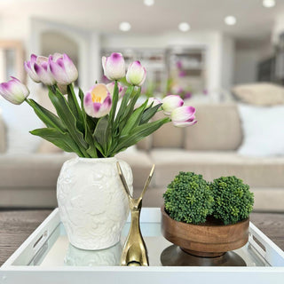 18.5 inch Real Touch White and Purple Tulip Stem styled in a vase arrangement, Third & Main