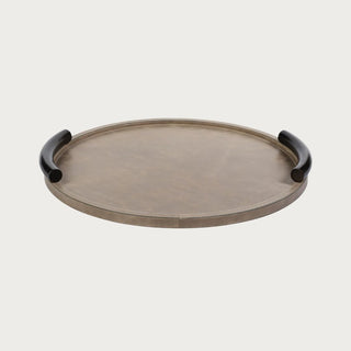 18-inch round mink brown leather tray with alloy handles – decorative and functional accent for coffee tables or serving.