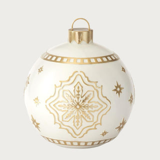 White and gold resin decorative ornament with intricate star and snowflake design on neutral background – elegant large holiday ornament measuring 18.5 inches high for refined Christmas décor.