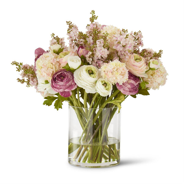 Premade Pink Ranunculus & Lilac Floral Arrangement in Glass Vase