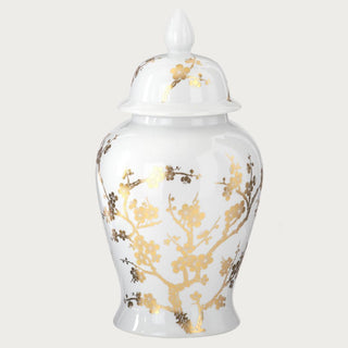 18-inch gold and white ceramic ginger jar with hand-painted metallic floral design, elegant winter home décor accent. Third & Main, Home Decor, Holiday Decor, Winter Decor, Luxury Decor, Luxury Holiday Decor, Contemporary Decor, Ginger Jar, Chinoiserie Design