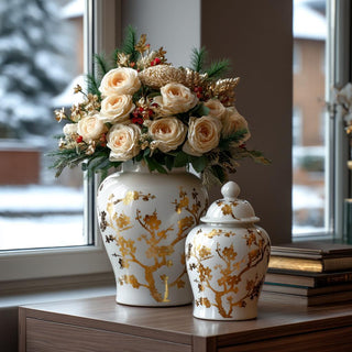 18-inch gold and white ceramic ginger jar with hand-painted metallic floral design, elegant winter home décor accent. Third & Main, Home Decor, Holiday Decor, Winter Decor, Luxury Decor, Luxury Holiday Decor, Contemporary Decor, Ginger Jar, Chinoiserie Design