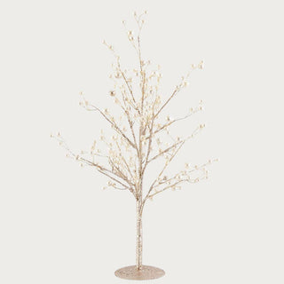 Gold glitter twig tree with pearls on round base – sophisticated 18-inch holiday accent piece for modern Christmas decorating.