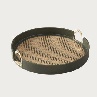 18-inch round tray with olive green leather sides, natural woven rattan inlay beneath clear acrylic, and gold-tone metal handles.