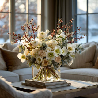 18 Inch White Real Touch hellebore stems arranged in a large, sophisticated winter floral arrangement with ivory roses, ranunculus, and frosted greenery displayed in a clear glass vase on a marble coffee table. The arrangement is styled in a warm, neutral living room with natural light streaming through large windows, reflecting an elevated, modern Santa Monica–style interior perfect for luxury home décor inspiration.
