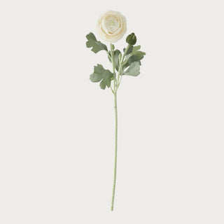 Cream True Bloom real touch bud and bloom ranunculus stem with layered petals, natural foliage, and one closed bud, shown as a 19.5-inch faux floral on a clean background.
