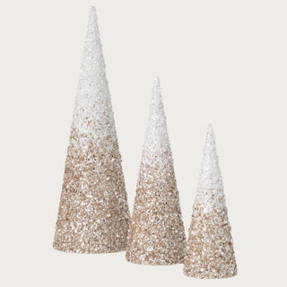Champagne Gold, Silver and White Beaded Cone Tree Set-Winter Decor-Third & Main-Third &amp; Main