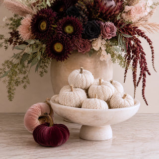 Cream knit filler pumpkins styled in a decorative fall display; each 2.5 inch pumpkin is sold individually for bowls, trays, baskets, and tabletop decor.