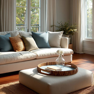 20-inch abaca silk woven cane round tray styled on a linen ottoman in an upscale Southern living room with natural light, cream sofa, neutral throw pillows, hardwood floors, and minimalist glass vase decor