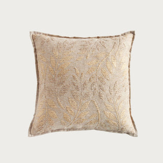 20 inch Yasmine indoor outdoor pillow with khaki cream Jacquard leaf pattern detail