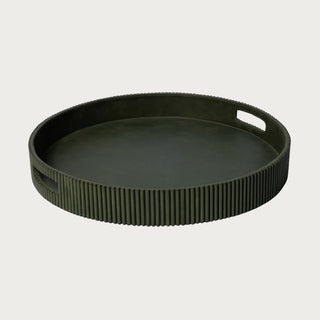 20-inch round fluted green leather tray with handles, modern decorative tray for coffee table, bar cart, or entryway styling. Third & Main, Home Decor, Holiday Decor, Winter Decor, Entertaining Decor, Decorative Tray, Luxury Decor, Contemporary Decor