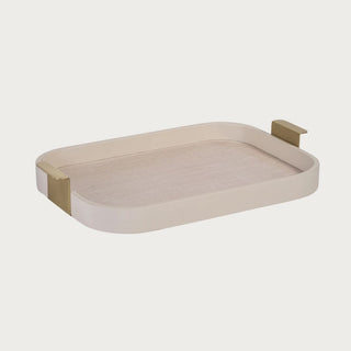 20" Cream leather tray with wood inlay, suede bottom and brushed matte gold handles