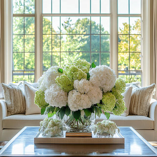 20" Green  hydrangea real touch faux floral stem from True Bloom Floral by Third & Main, ultra-realistic artificial bloom with full layered petals and green leaves, high-end home decor stem, True Bloom Floral, Real Touch, Green Flower, Hydrangea, Decor, Flower, Floral arrangement, Third & Main
